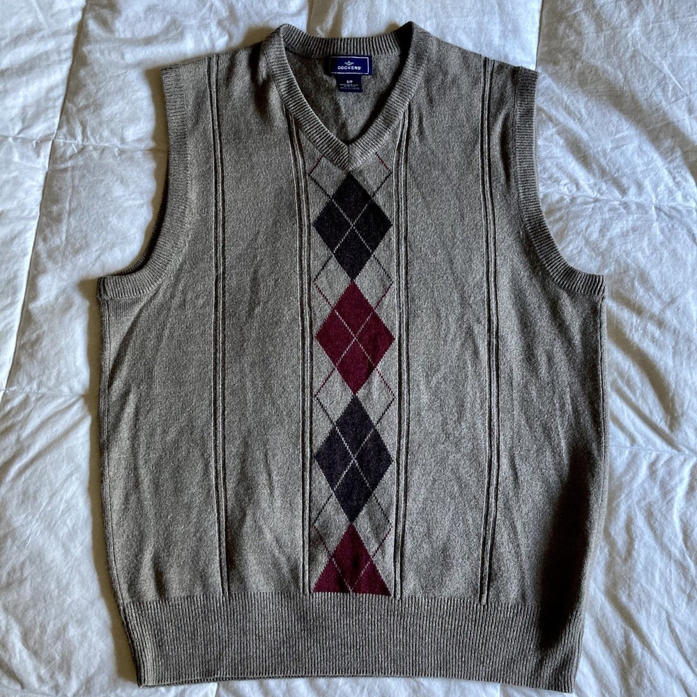 Dockers Knit Sweater Vest Argyle Taupe Tan Maroon Black Mens Small Preppy School